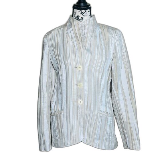 Lafayette 148 New York Textured Cotton Khaki Ivory Blazer Size 10 Retail $650+ - Picture 1 of 14